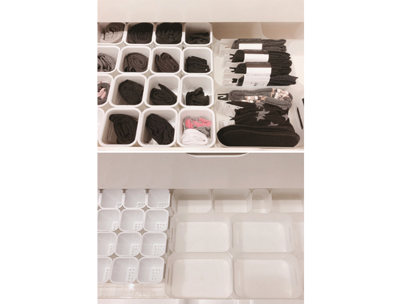 衣櫃抽屜內的收納分隔配置,也是由不同的收納拼起來。冰箱收納分格盒(MUJI無印良品・化妝盒1/4橫型)