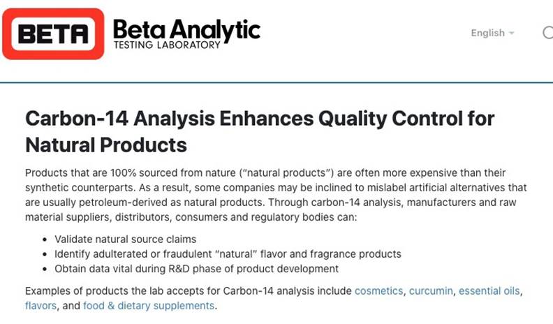 「碳14檢驗法」嚴格控管天然來源的產品品質。圖片來自Beta 實驗室官網