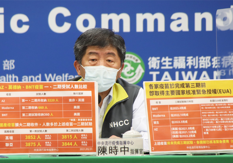 陳時中在昨天的記者會上,說明國產疫苗與國際大廠間的殊同。中央流行疫情指揮中心提供