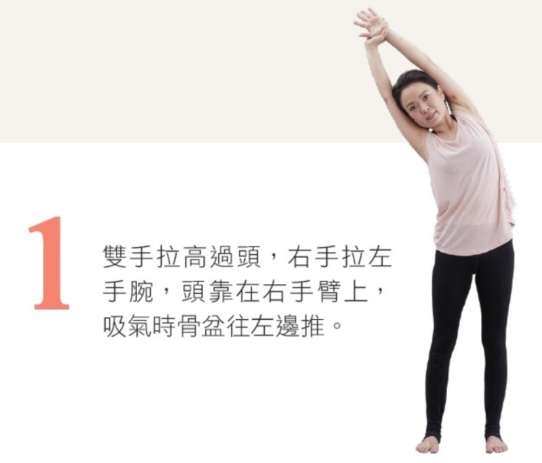 1. 雙手拉高過頭,右手拉左手腕,頭靠在右手臂上, 吸氣時骨盆往左邊推。 幸福文化提供