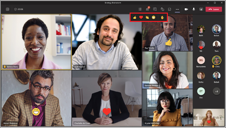 出席者在Microsoft Teams線上研討會過程中,可透過線上按讚、鼓掌、舉手及張貼表情符號,隨時表達情緒,與主講者互動。