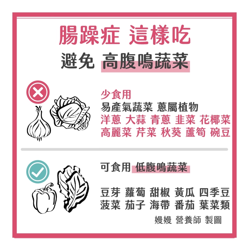 腸躁症避免高腹鳴蔬菜。嫚嫚營養師授權提供