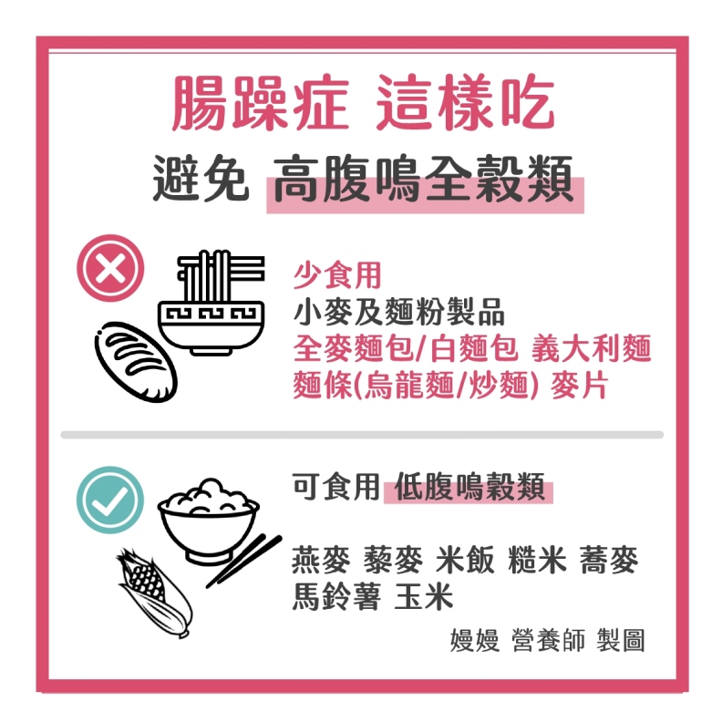 腸躁症避免高腹鳴全穀類。嫚嫚營養師授權提供