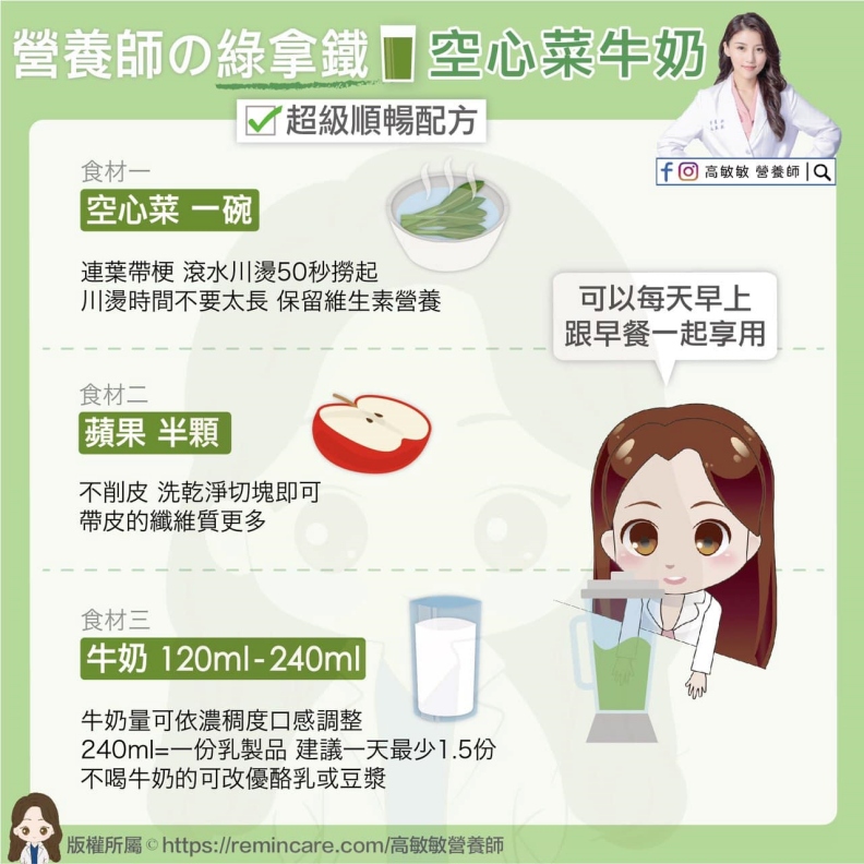 營養師の超級順暢配方—空心菜牛奶。高敏敏營養師提供