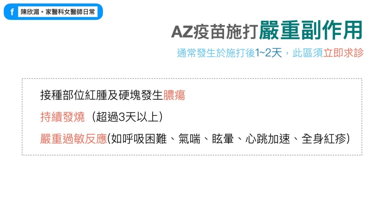 AZ疫苗施打嚴重副作用。陳欣湄醫師提供