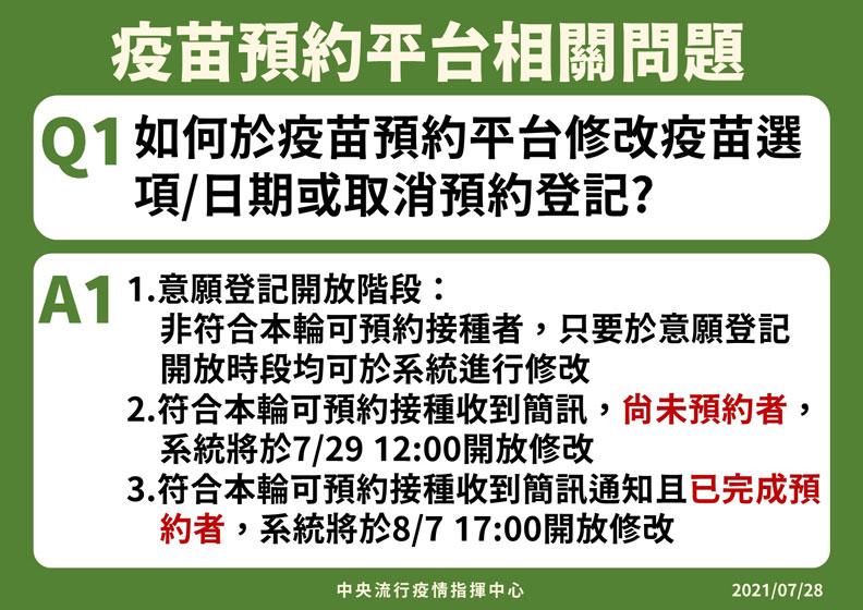 疫苗預約平台相關問題。中央流行疫情指揮中心提供