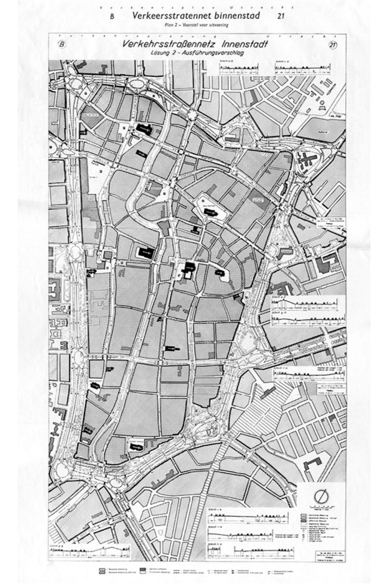 將填平運河的環狀快速道路計畫圖,取自Max E. Feuchtinger, Verkeersplan Utrecht (Ulm: S.N., 1958), 95。