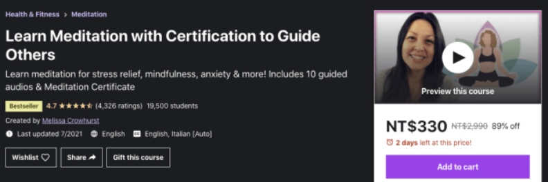 同樣也是 Udemy 最受歡迎的冥想課程之一,讓你藉由正念冥想降低焦慮與壓力,讓心智有了喘息的空間,並且提升睡眠品質。課程總長度1.5小時,目前獲得 4.7 的評價(4326 個評分),已有19498名學生。