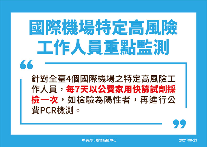 國際機場特定高風險工作人員重點監測。中央流行疫情指揮中心提供