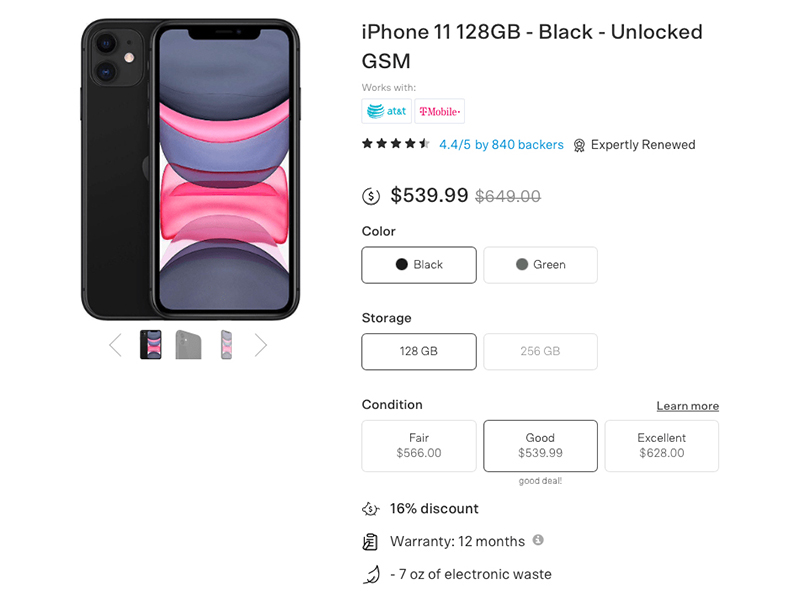Back Market 上販賣的 iPhone 11。取自創新拿鐵。圖片來源:Back Market 官網