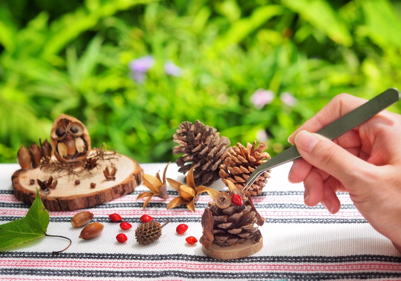 虹夕諾雅 谷關設計藝術創作體驗活動,讓旅客利用種子、果實來製作貓頭鷹裝飾品。虹夕諾雅 谷關提供