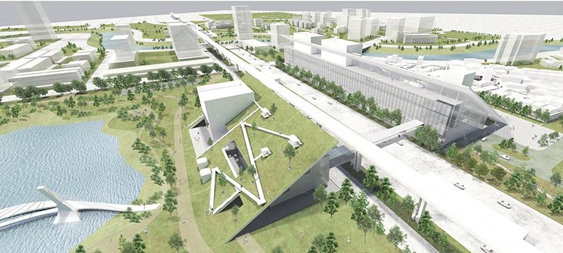 桃園市立美術館獨特的山丘造型及斜坡設計,呼應桃園「千塘之鄉」的在地紋理特色。