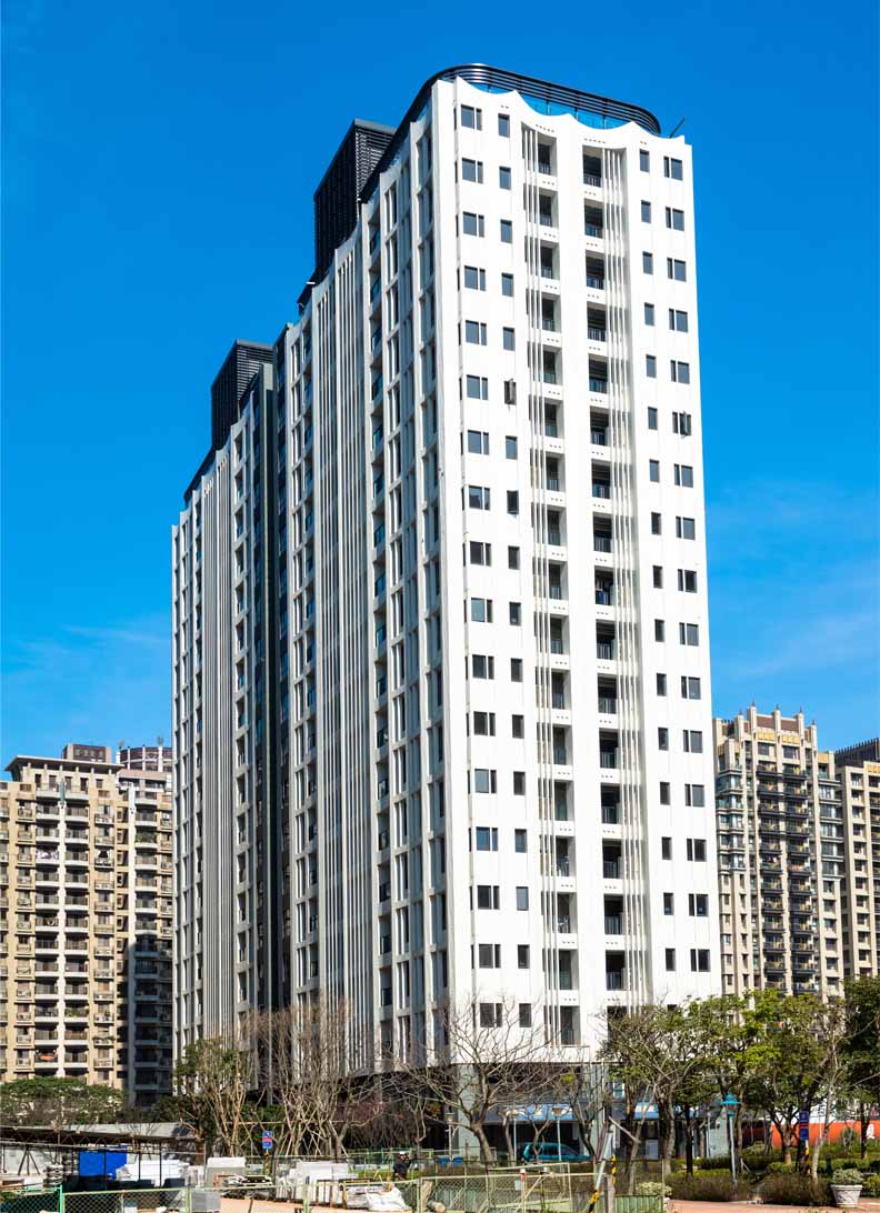 聯虹天耀林口建案完工照,為日本知名建築師團紀彥之作品,聯虹建設股份有限公司提供。