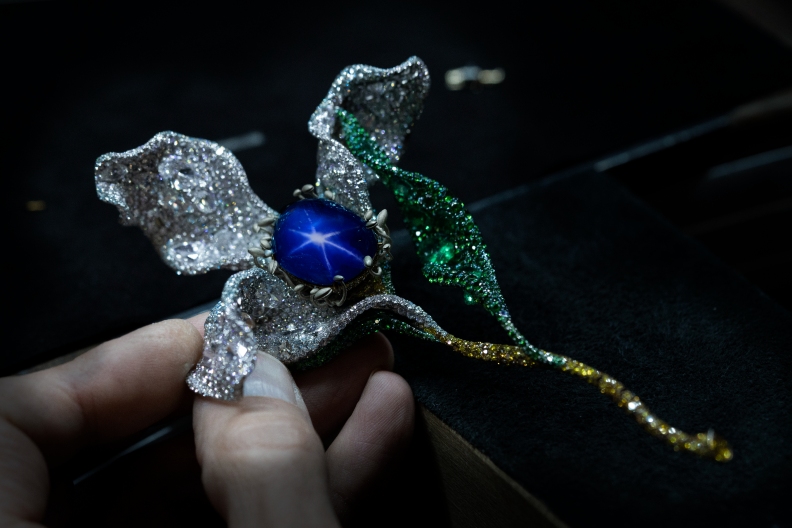 花之精靈胸針主石為最頂級49.12克拉斯里蘭卡無燒星光藍寶石CINDY CHAO The Art Jewel。
