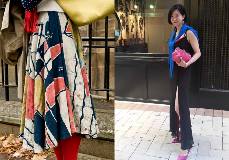 左:黃色托特包及白色短袖毛衣購自愛丁堡大學區慈善店;幾何圖案長裙為家傳古著。右:來自英國慈善店的晚禮服和手袋。取自本書