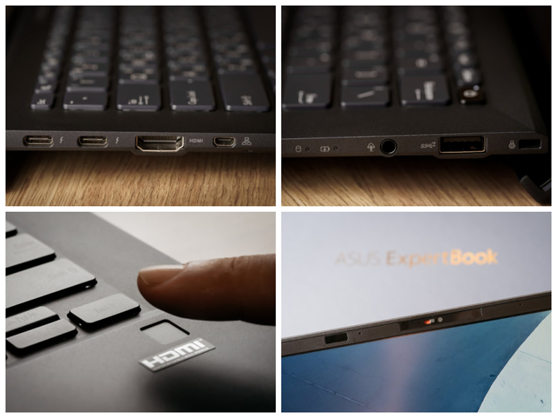 ASUS ExpertBook B9 (B9400)配備全方位連接功能(左上與右上),以及企業級資安保護,如指紋辨識(左下) 與網路攝影機防窺閘(右下),兼具實用性與隱私保護。