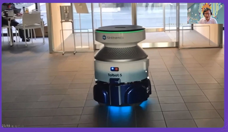 名古屋大學團隊打造的殺菌機器人。天野浩指出，這可以用在飛機或工作場所的殺菌，目前實驗的數據是10秒鐘的照射，就可以讓99.9%病原體失去活性。SEMI提供