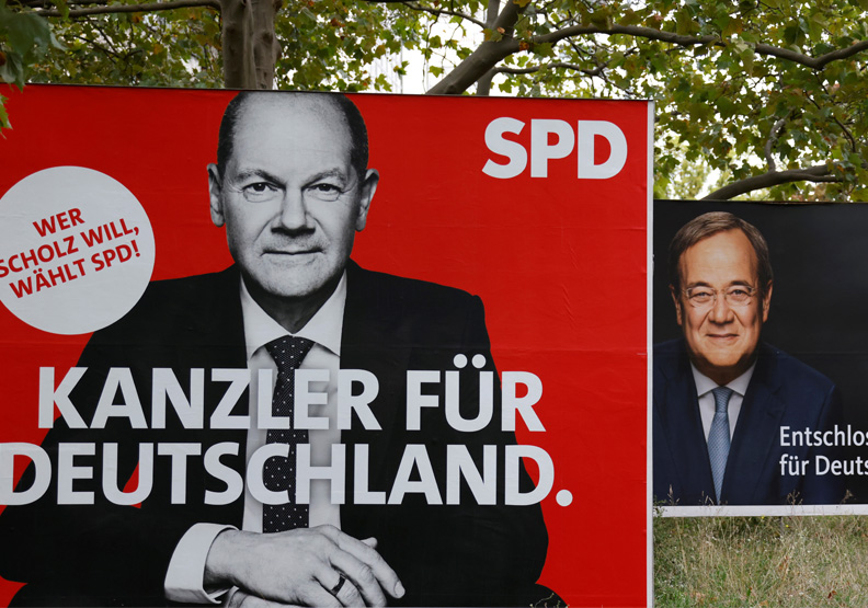 圖／左為社民黨（SPD）總理候選人蕭茲（Olaf Scholz），右為競爭對手基民／基社聯盟（簡稱聯盟黨，CDU/CSU）候選人拉謝特。達志影像。 