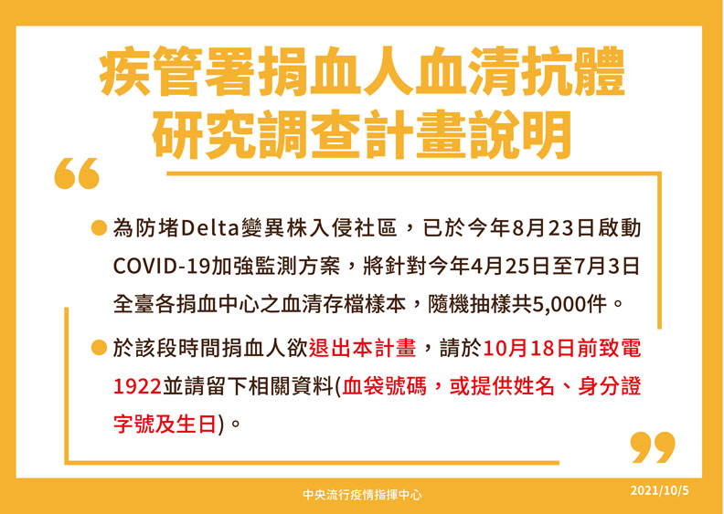 疾管署捐血人血清抗體,研究調查計畫說明。中央流行疫情指揮中心提供