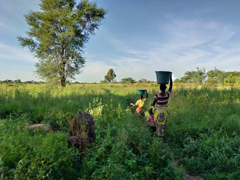 馬拉威的坎培薩社區過往光是取水就得走上兩個小時,婦女和孩童穿越崎嶇地形及野草叢才能抵達取水地點(照片由台灣世界展望會提供)。