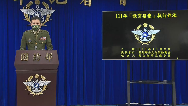 國防部上午正式發布(111)年起試行「年年施訓,每次14天」的新制後備教召制度,國防部全民防衛動員室副主任馬家龍表示,明年的「新制」教召將徵召25個營、1萬5千餘名後備軍人參與驗證,對象鎖定被編制到新訓旅、縣市後備旅與縱深守備旅者。擷取自立法院直播