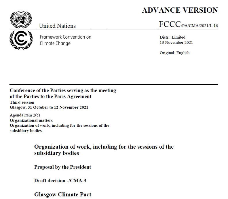 「格拉斯哥氣候公約」草案文件截圖。