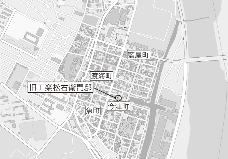 圖中可以看到宅邸正前方有一條十字運河。這一帶幾個相關的地名,如魚町、渡海町、今津町,皆沿用至今。行人出版提供。