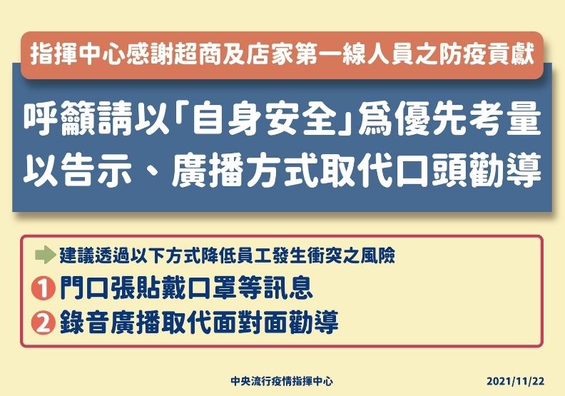 中央流行疫情指揮中心發布指引,呼籲店員以人身安全為要。中央流行疫情指揮中心提供