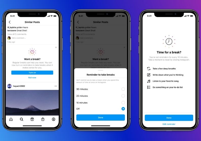 Instagram率先在全美、加拿大、愛爾蘭、紐澳等國推出「休息一下」（Take A Break）的功能。取自Instagram官方網站。