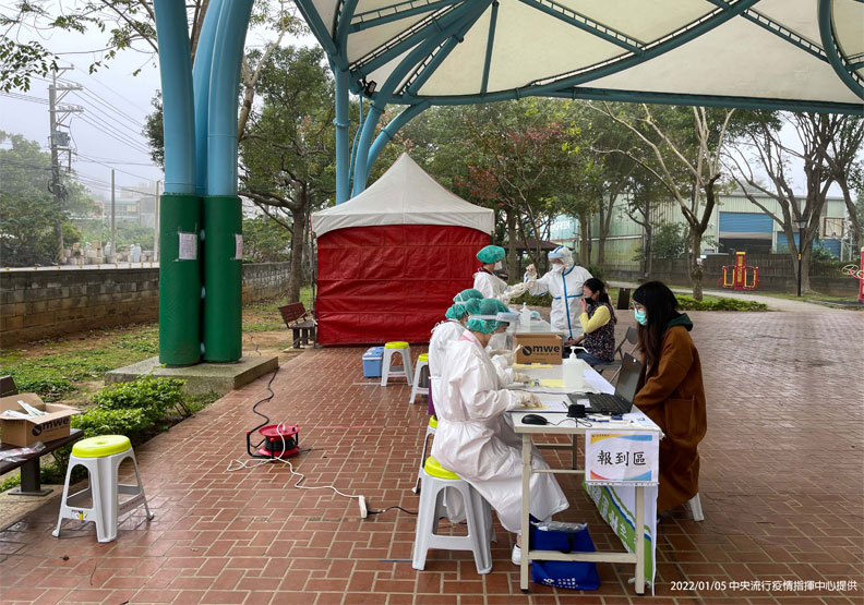 從中壢某國小因為學童確診校方昨晚晚緊急通知停課14天。圖為篩檢站示意圖。中央流行疫情指揮中心提供