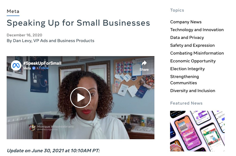 為了與蘋果抗衡,Facebook不斷宣傳iOS 14如何打擊小公司。取自Meta