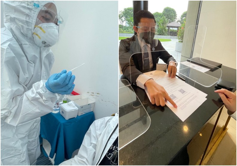左圖為機場PCR檢疫人員，右圖為雅加達隔離檢疫飯店工作人員解說規則。圖片皆由賴珩佳提供