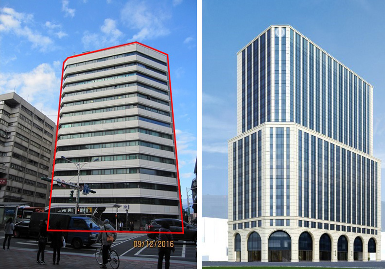 左為「大同大樓」更新前照片、右為預計完工後照片。取自都市更新研究發展基金會官網