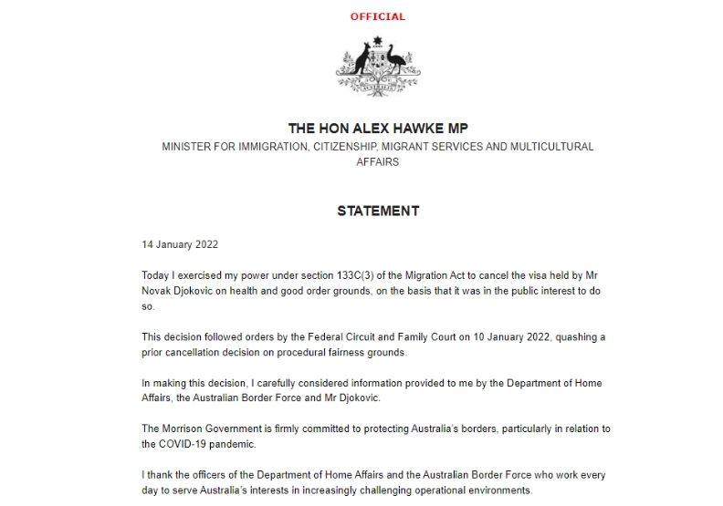 澳洲移民部長霍克的聲明，取自@BenRothenberg twitter。