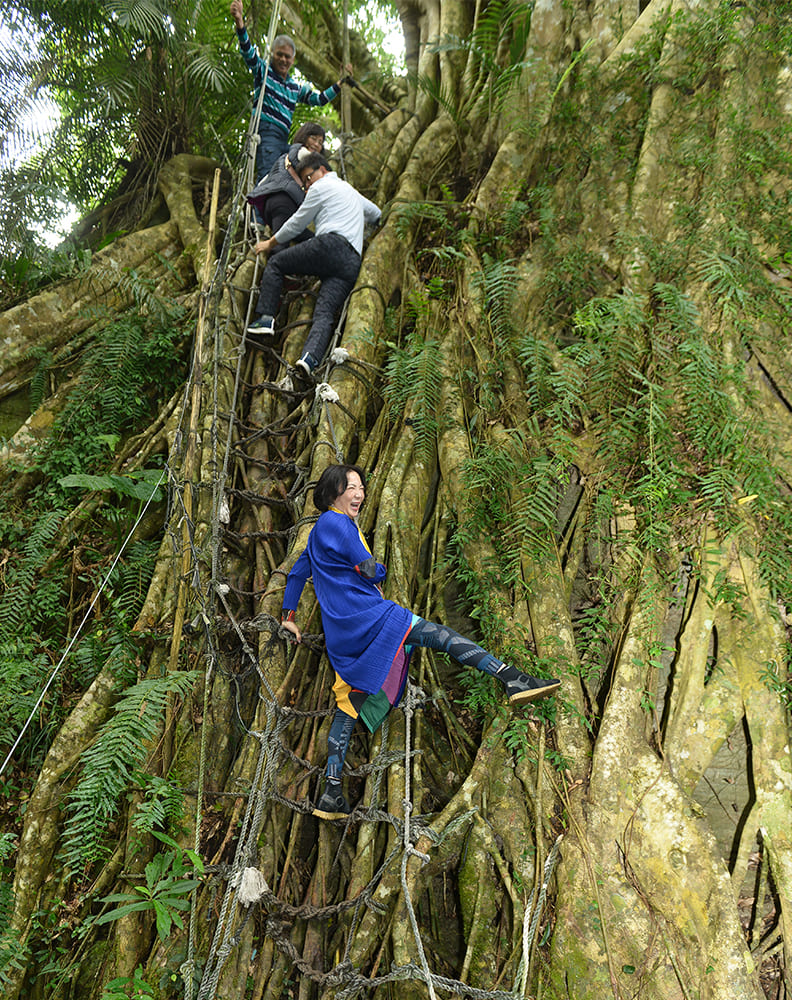 榕樹巨木竟然形成驚人的陡峭懸崖,若是跟爬到一半的人打招呼,她就只能做出「謎之動作」回應。陳奇宏攝