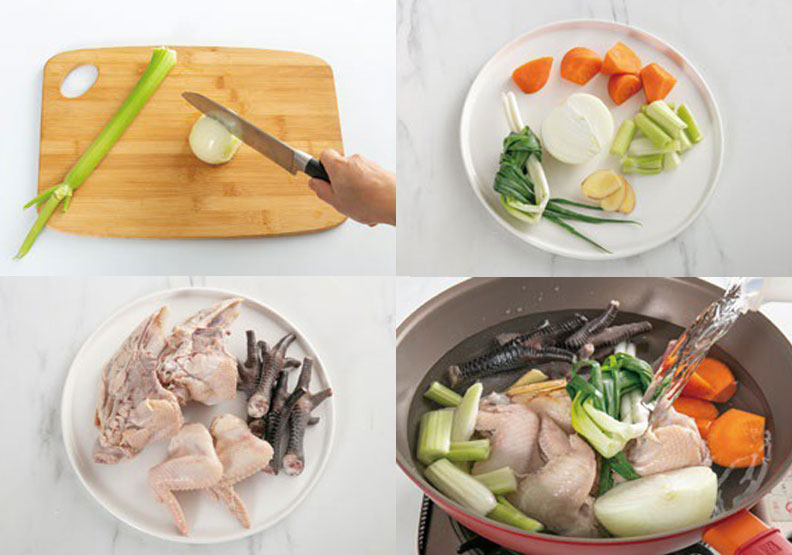 「雞骨蔬菜高湯」作法及料理步驟解析圖。幸福文化出版提供