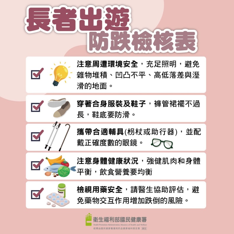 長者出遊防跌檢核表。衛生福利部國民健康署提供