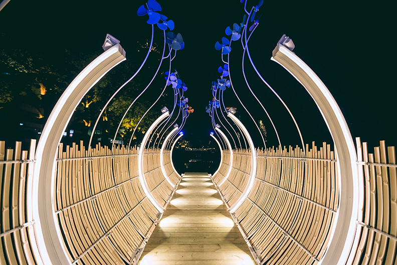 迎接虎年,新竹市政府推出「虎嘯生風」主題聲光裝置藝術作品,點亮東門城、護城河沿岸。