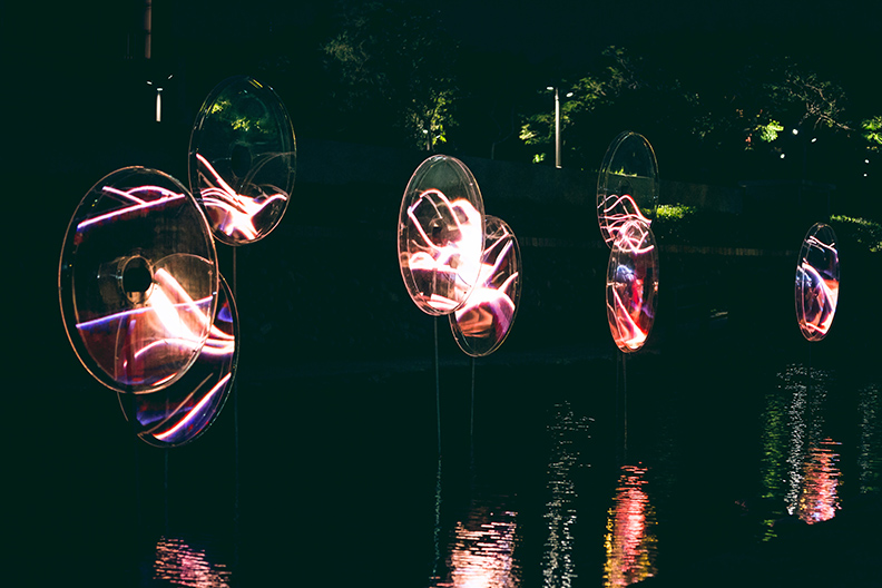 迎接虎年,新竹市政府推出「虎嘯生風」主題聲光裝置藝術作品,點亮東門城、護城河沿岸。