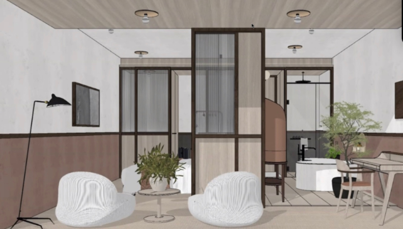 房間特意設計休閒與工作分離,在有限的空間內也做得到。資料來源BORN Hotel設計圖。方格子提供。