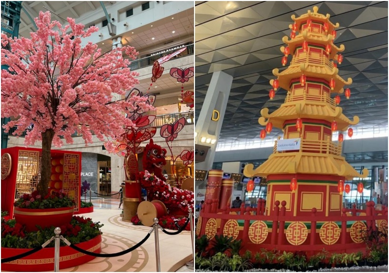 位於首都雅加達的購物中心,陳設慶賀華人新年的裝置(左圖)、雅加達國際機場的華人新年裝置(右圖)。圖片皆由賴珩佳提供