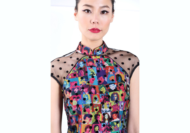 《CHIC POW國際旗袍選品平台》合作的香港設計師Yiming的作品Hong Kong Day and Night(香港白天和夜晚),印花頭像都是香港名人。