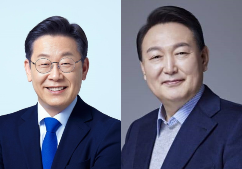 台面上最受當地媒體民調側重的南韓總統候選人李在明（左）與尹錫悅（右）。圖片來源／윤석열、이재명 FB