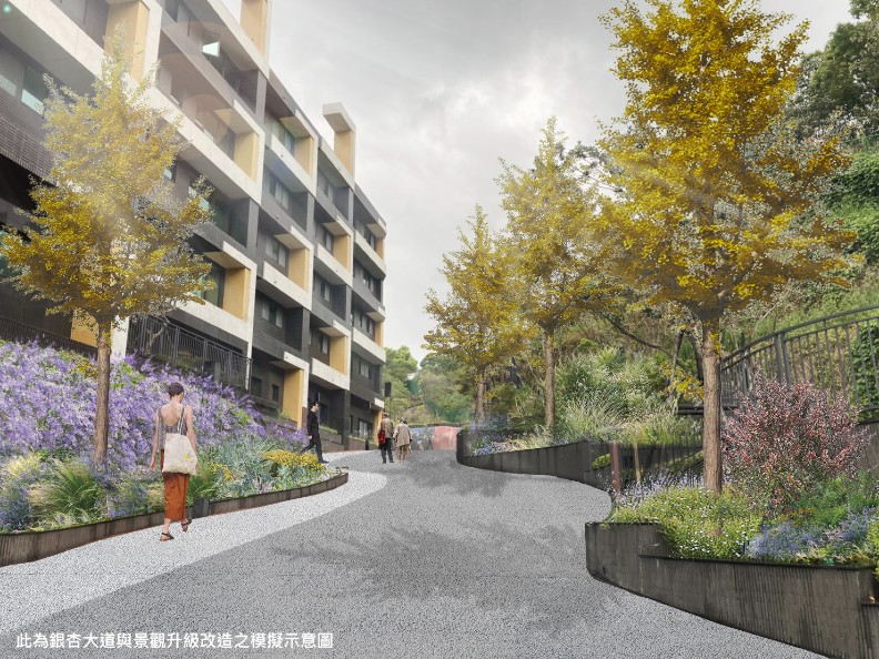景觀大師吳書原為社區規劃了長達170公尺的銀杏大道。