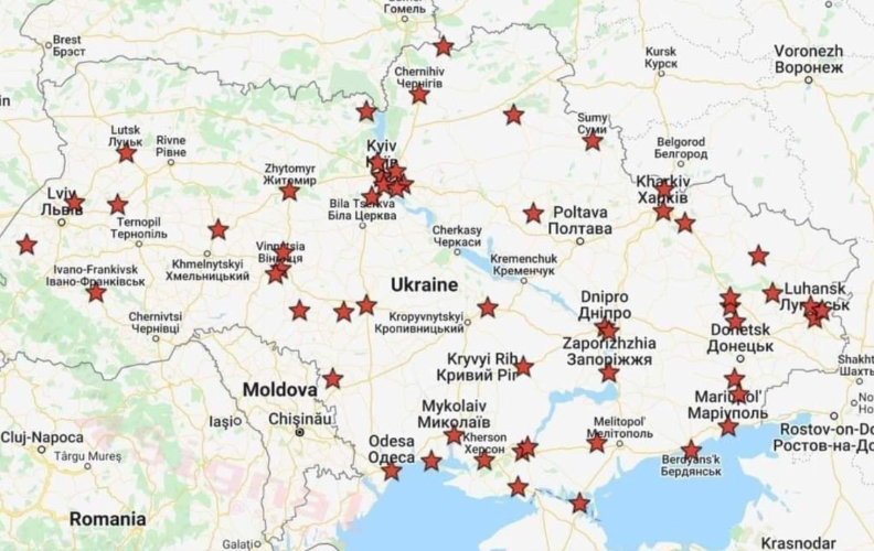 2月23日單日內,俄羅斯攻擊烏克蘭全境圖。方格子提供。