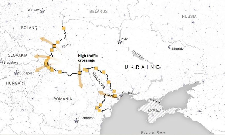 為了逃難,烏克蘭人紛紛往西南方奔逃。washingtonpost