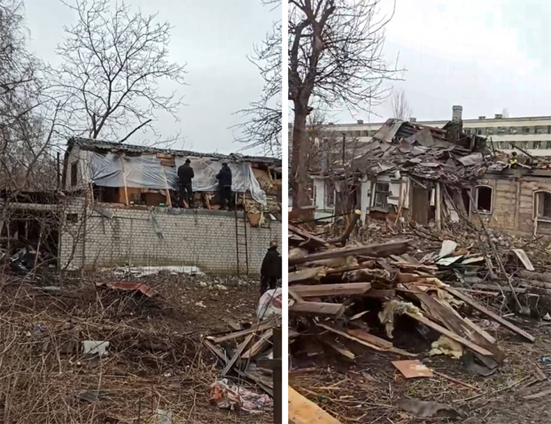 烏克蘭基輔以西的城市日托米爾(Zhytomyr)週三凌晨遭飛彈轟炸後民宅毀損景象。烏克蘭民眾提供