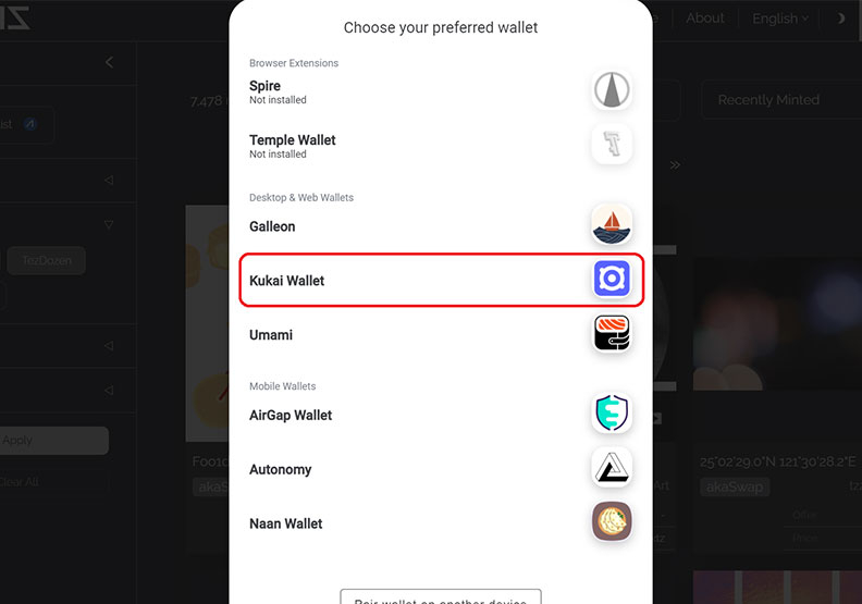 請在登入akaSwap官網後，點選右上角的連結錢包按鈕，頁面會引導去選擇錢包，請選擇剛註冊且已入金的Kukai錢包。
