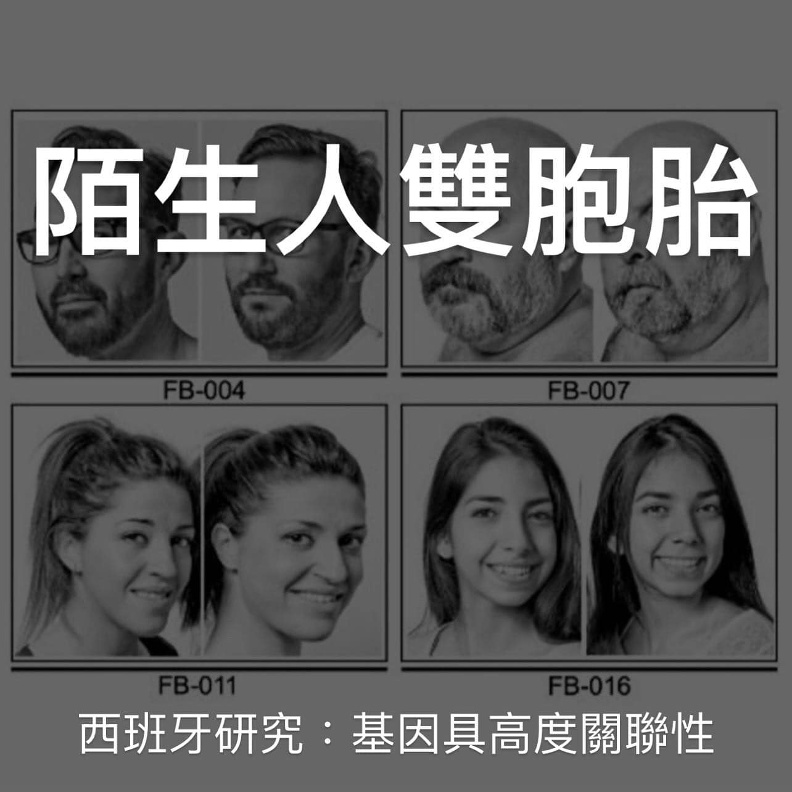 西班牙研究：陌生人雙胞胎，基因具高度關聯性。闕壯理醫師提供