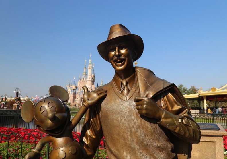 迪士尼樂園內的華特迪士尼與米奇銅像。Disney Parks